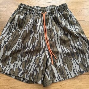 HUK Camouflage mossy oak bottomland Patterned Shorts with Orange Drawstring